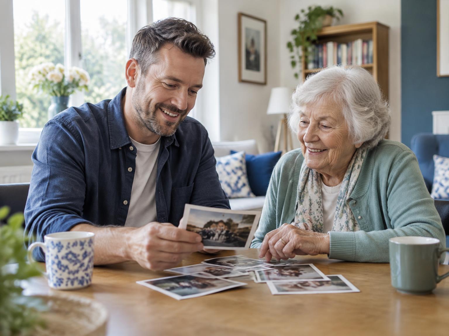 An employee volunteer and an older person sharing photographs and conversation