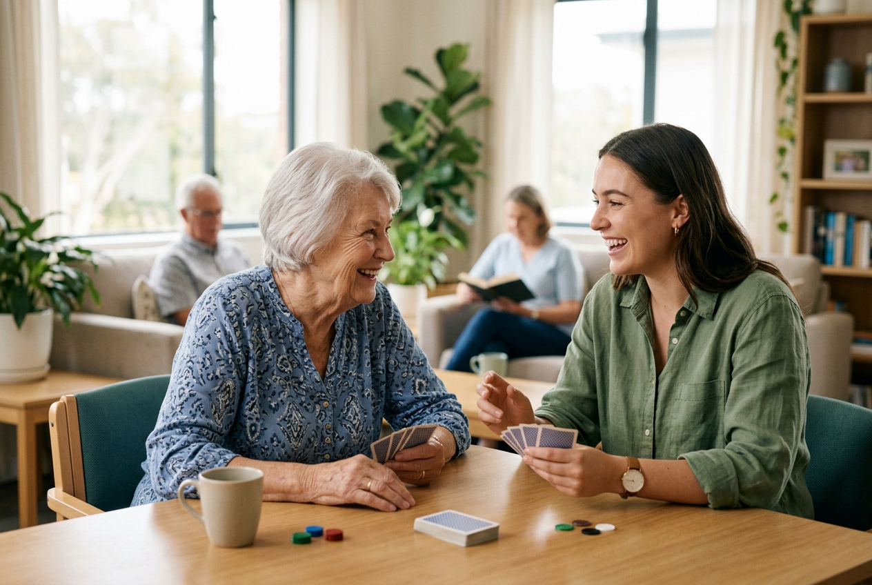 An older person and employee volunteer enjoying a card game and conversation together