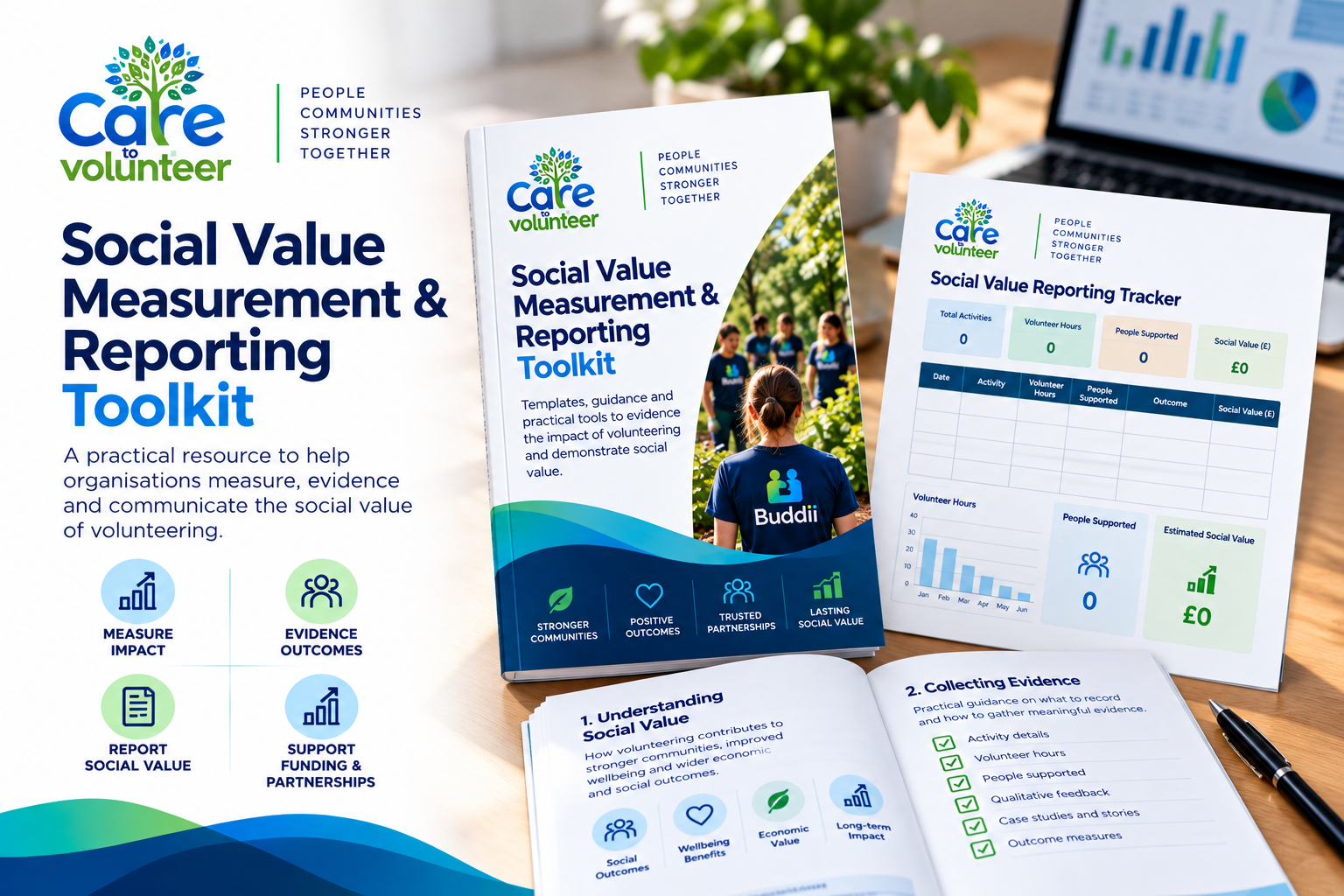 Social Value Measurement & Reporting Toolkit cover with templates spread on a desk