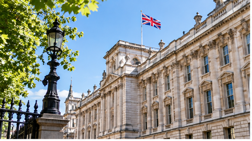 The Cabinet Office building in Whitehall, London, with the Union flag flying above.