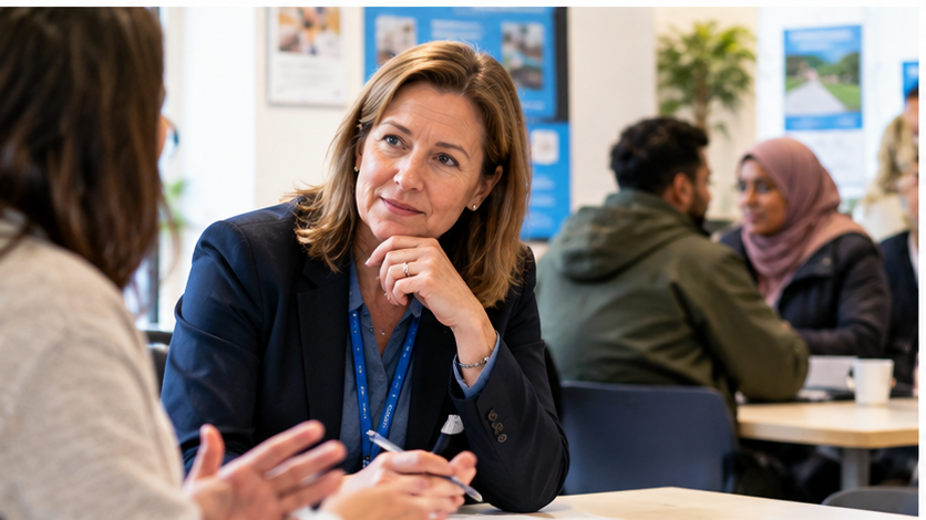 A council representative listening during a conversation in a busy community venue.