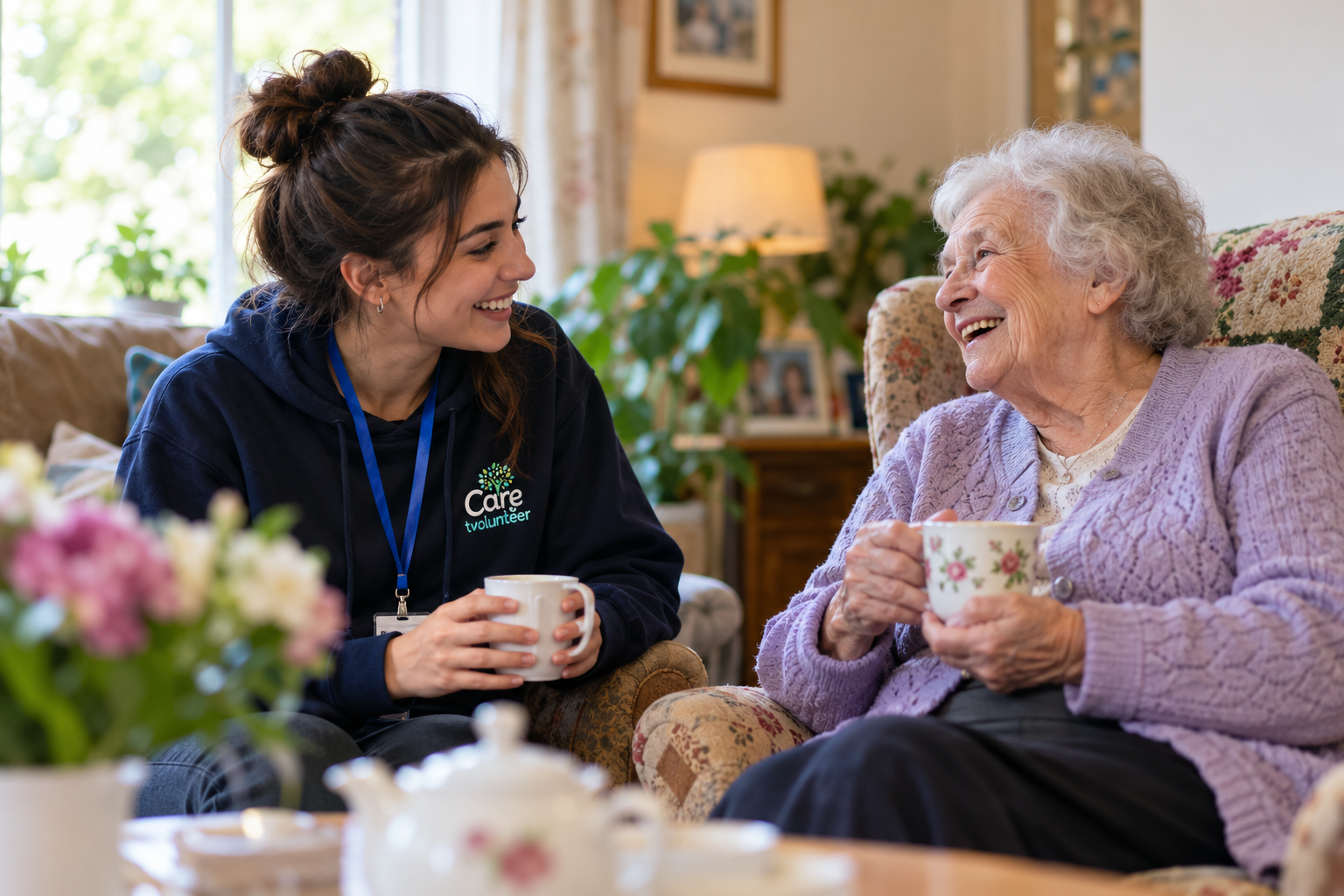 A younger volunteer sharing a warm conversation with an older woman over tea in a comfortable British home.