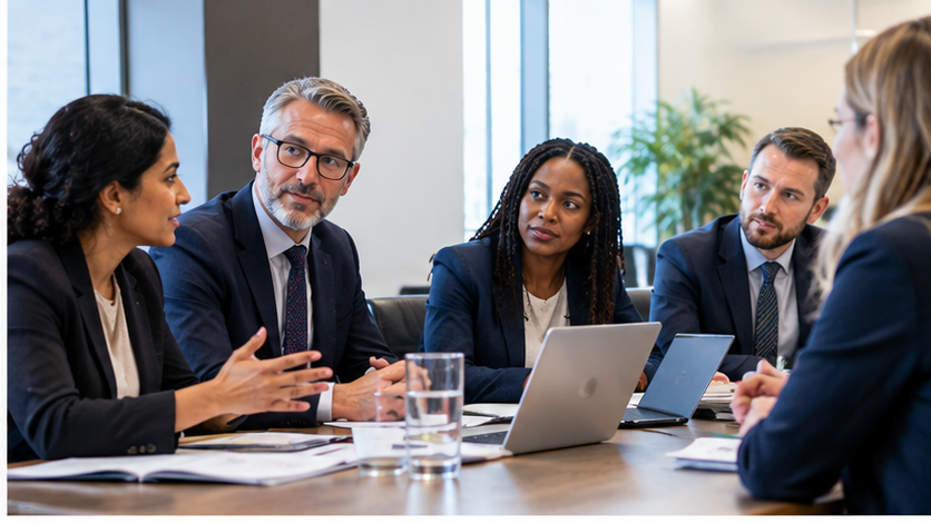 Public-sector and voluntary-sector representatives in discussion around a meeting table.
