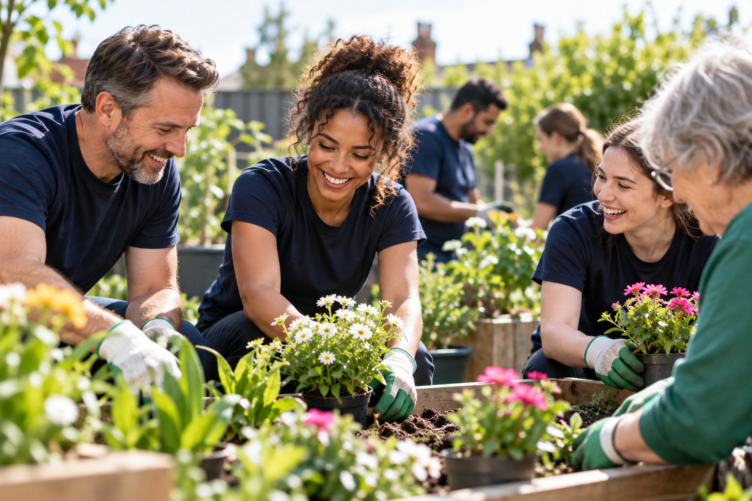 Corporate and community volunteers planting flowers together in a British community garden.