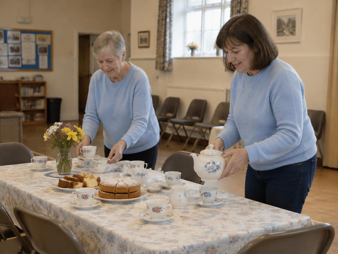 Illustrative scene of two volunteers setting out tea and cake in a local community hall