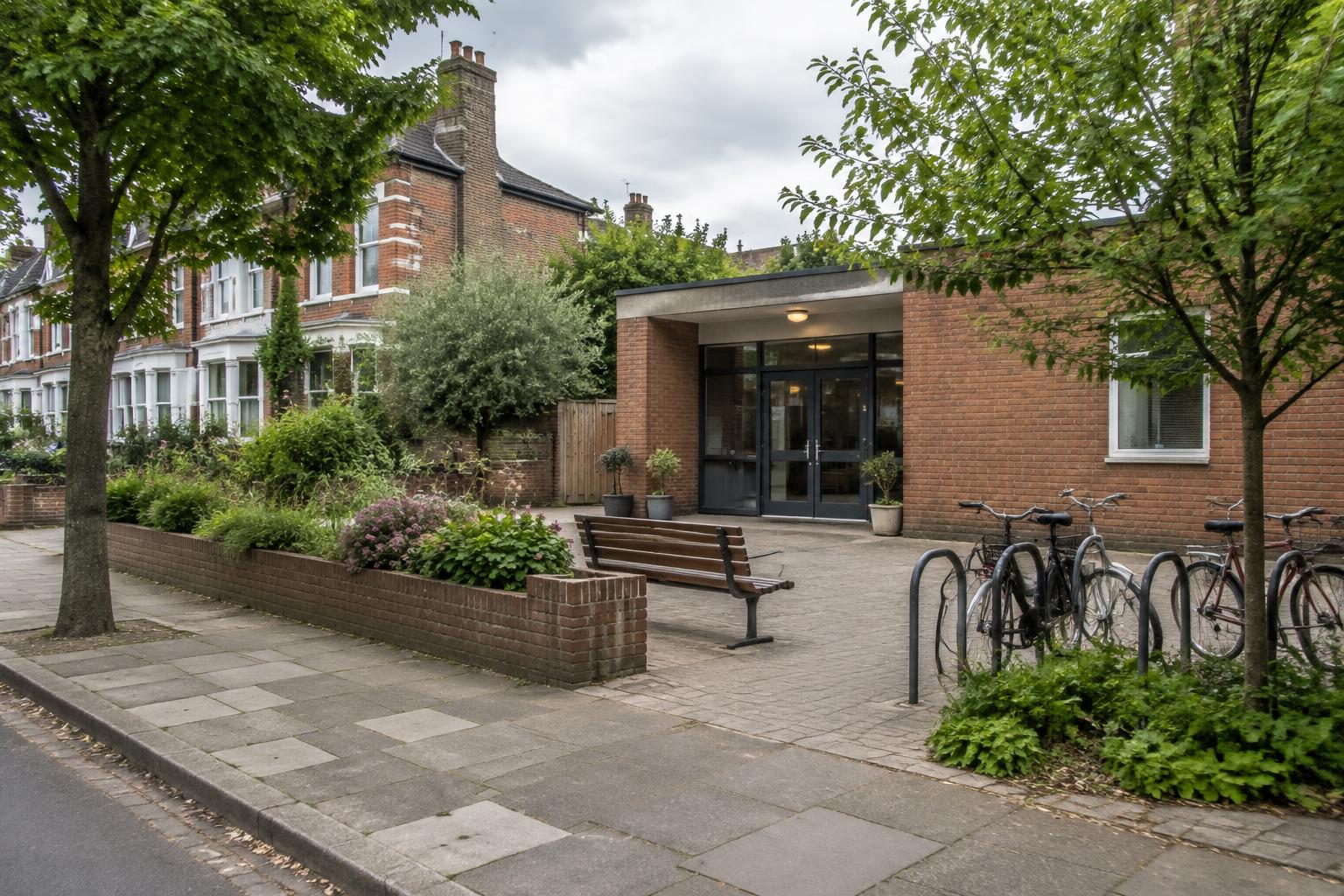 Illustrative British neighbourhood with a modest community building, benches and bicycles