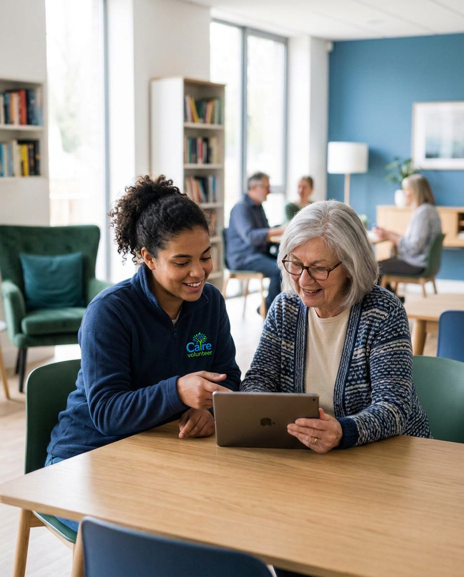 Illustrative volunteering scene showing an employee helping an older neighbour use a tablet
