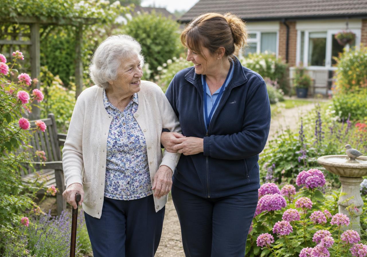 Volunteer walking with a resident in a care home garden