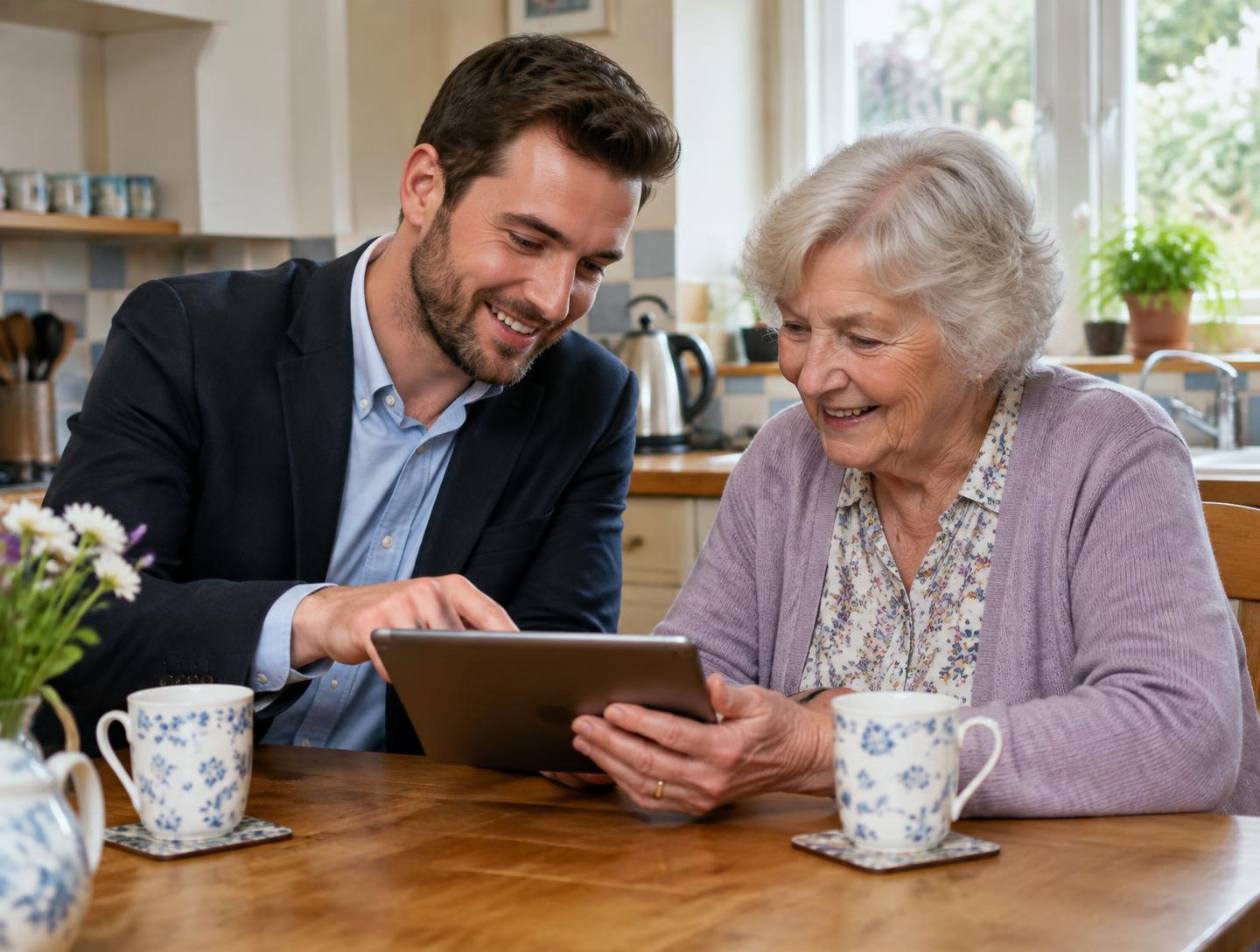 An employee volunteer and an older resident looking at a tablet together