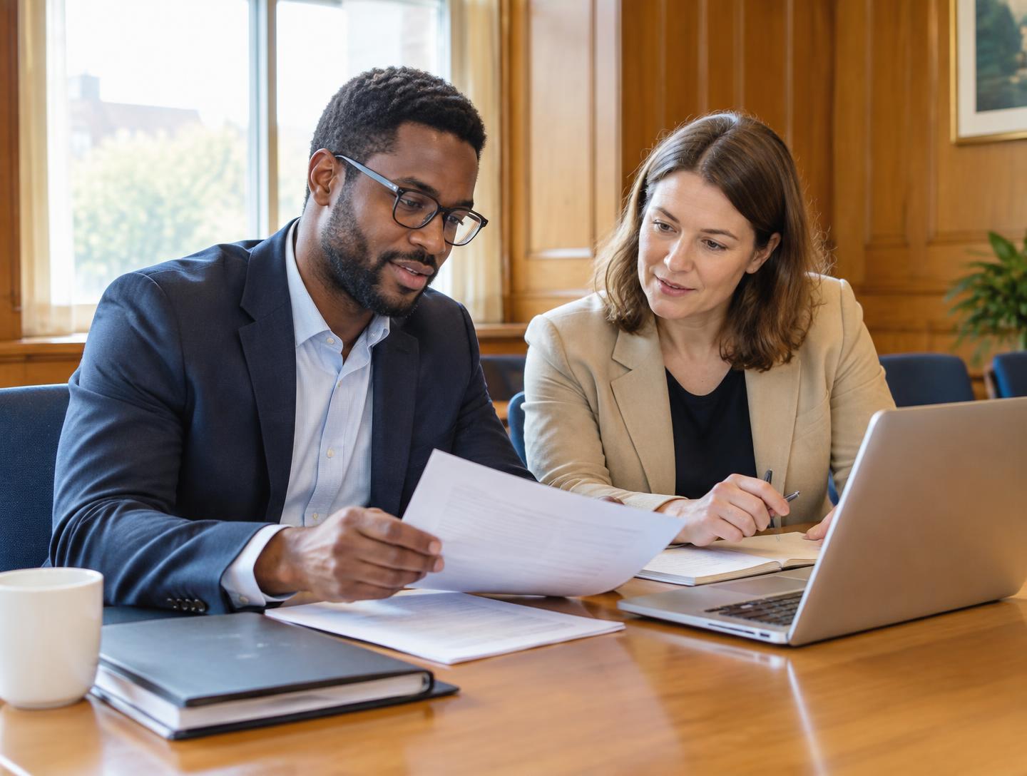 Two professionals reviewing verification documents