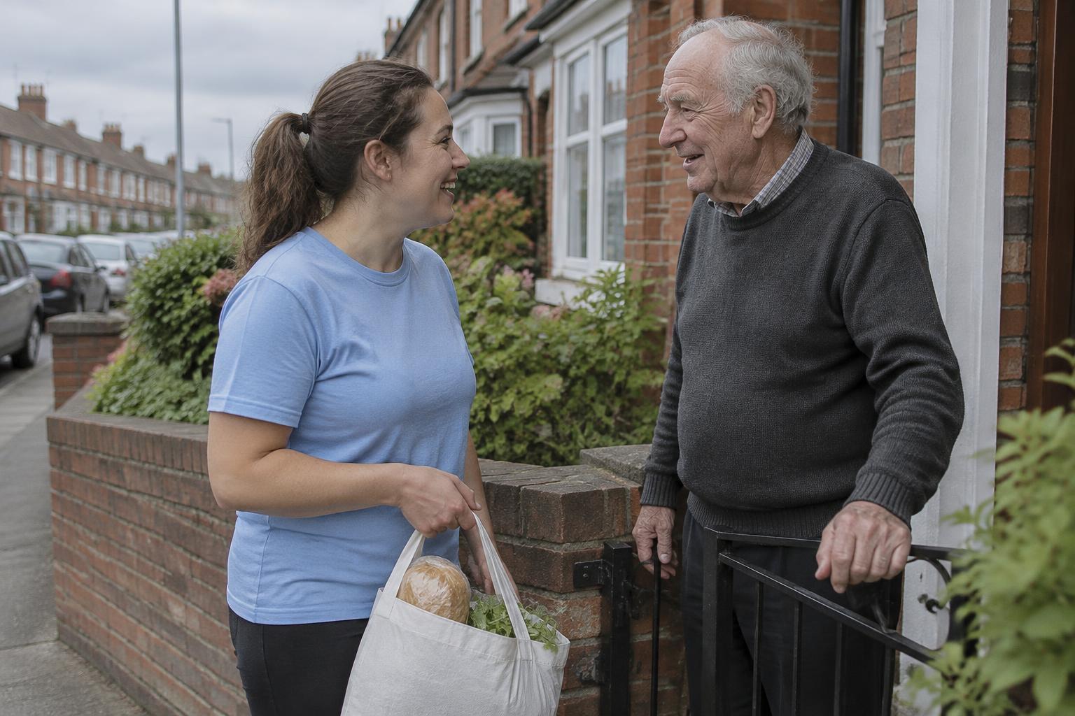 An employee volunteer in a light blue shirt delivering shopping and chatting with an older resident at his garden gate