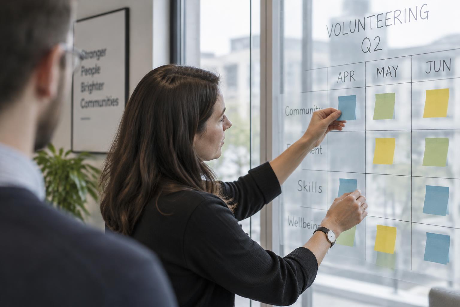 A colleague placing coloured notes on a quarterly volunteering plan in an office meeting room