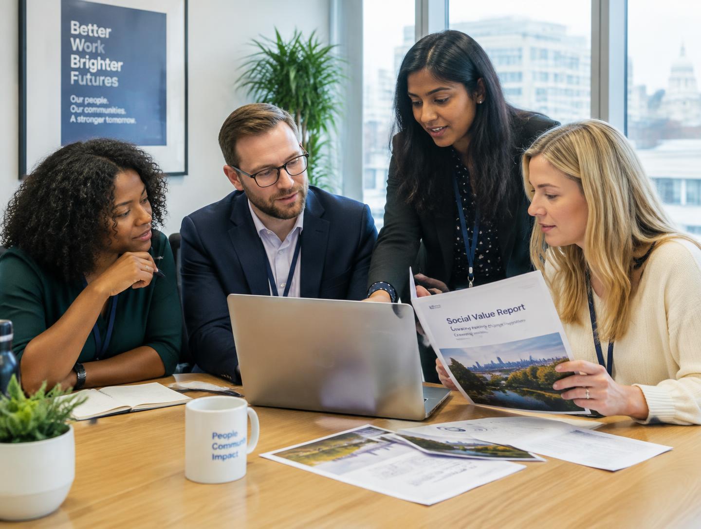 Corporate team reviewing social value results
