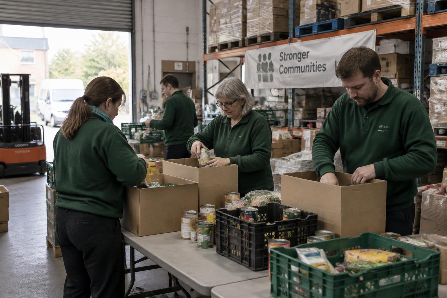 Volunteers packing food boxes at a community distribution centre