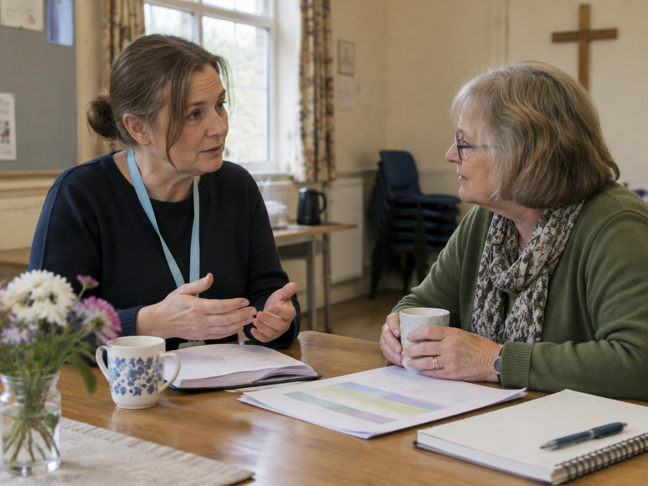 Illustrative scene of a Care to Volunteer coordinator talking with a local community organiser over tea