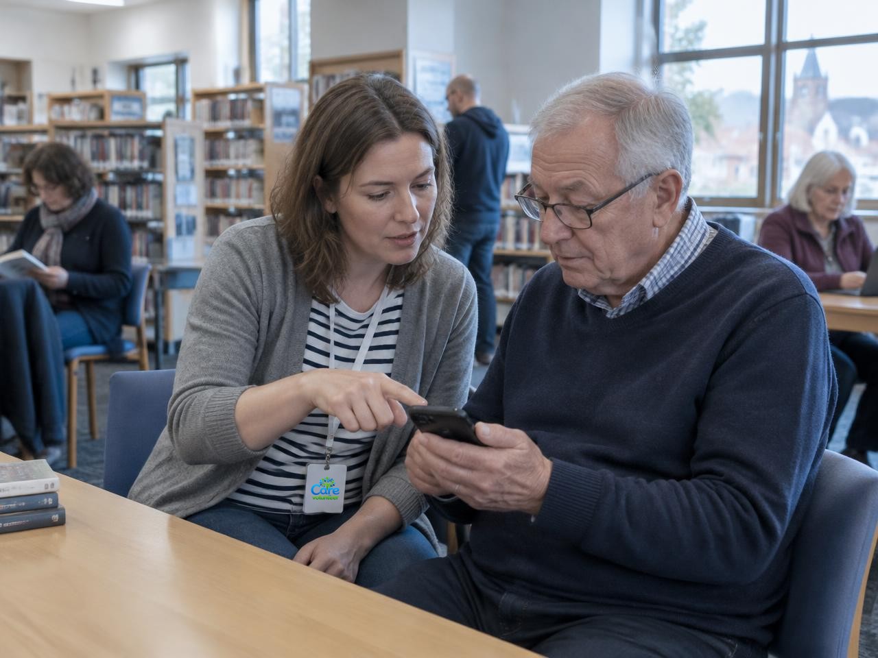 Illustrative scene of an employee volunteer helping an older man with his phone in a local library