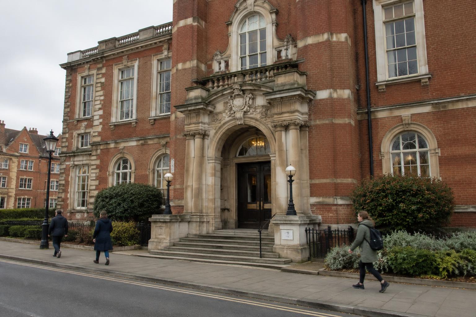 Red-brick British town hall entrance with people walking past
