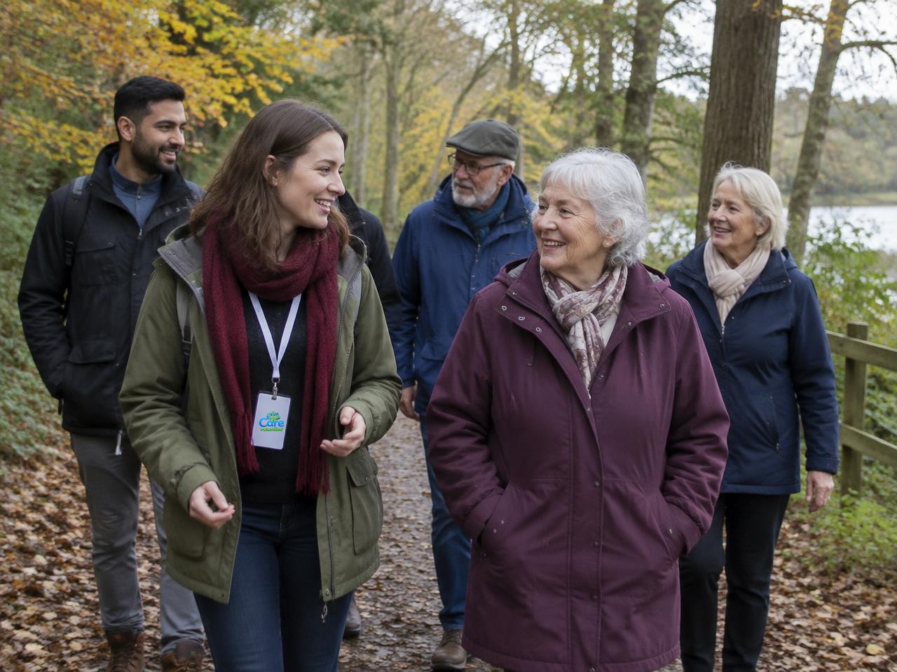 Two employee volunteers in light-blue Care to Volunteer shirts walking with an older woman along a woodland path near a day centre