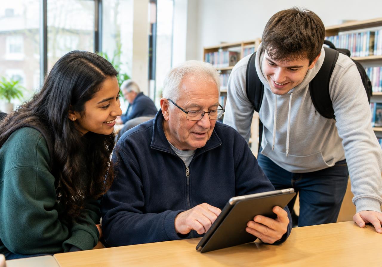 Students helping an older resident use a tablet